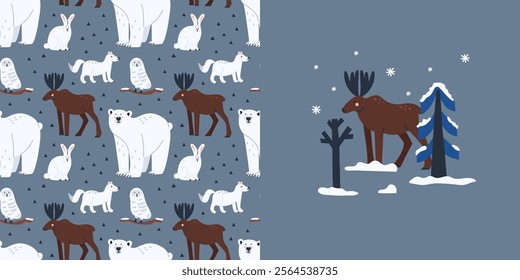 Arctic animal seamless pattern. Forest elk, polar bear. Northern cute inhabitant. Textile, wrapping paper, wallpaper design. Print for fabric. Baby cute cartoon isolated north wildlife background