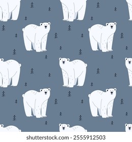 Arctic animal seamless pattern. Polar bear. Northern cute inhabitant. Textile, wrapping paper, wallpaper design. Print for fabric . Childish and baby cute cartoon isolated north wildlife background