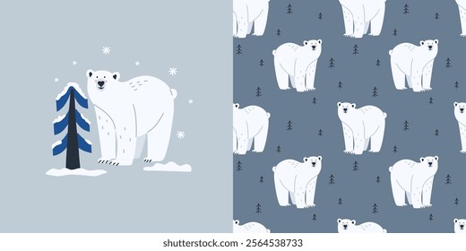 Arctic animal seamless pattern. Polar bear. Northern cute inhabitant. Textile, wrapping paper, wallpaper design. Print for fabric . Childish and baby cute cartoon isolated north wildlife background