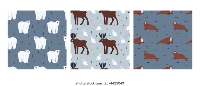 Arctic animal seamless pattern set. Forest elk, polar bear. Northern cute inhabitant. Textile, wrapping paper, wallpaper design. Print for fabric. Baby cute cartoon isolated north wildlife background