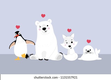 Arctic animal vector. Cute penguin, polar bear, fox and seal are friend.