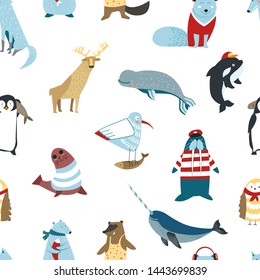 Arctic animals and birds seamless pattern vector reindeer and seal whale and penguin walrus and wolf bear and owl gull with fish and narwhal endless texture fish and mammals wallpaper print.
