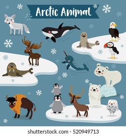 Arctic Animals cartoon with snowflakes.