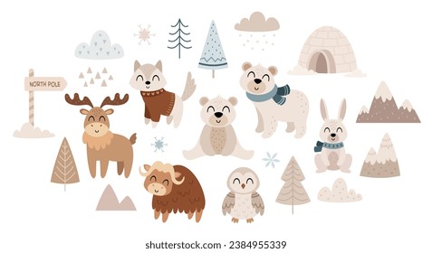 Arctic animals clipart in cartoon flat style. Polar animals - deer, polar bear, muskox, owl, polar fox, rabbit.