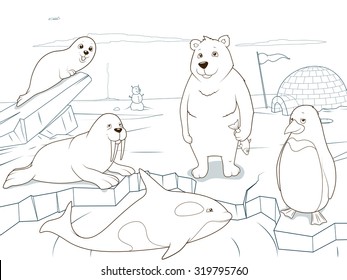 Arctic animals coloring book educational game for kids vector illustration, educational game, animals