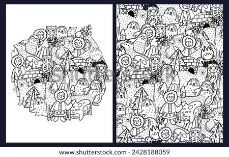 Arctic animals coloring pages set. Black and white collection with funny templates with polar animals penguin, seal, owl, fox, deer, bear, orca, Inuit. Outline background. Vector illustration