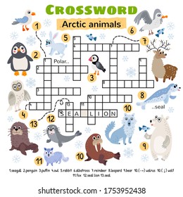 Arctic animals crossword. For preschool kids activity worksheet. Children crossing word search puzzle game