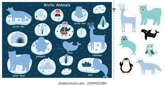 Arctic animals cut and glue game with cute animals and their names. Educational activity page for kids. Matching game with polar characters. Vector illustration