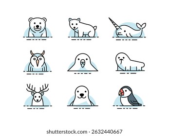 Arctic animals cute line art icons set