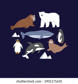 Arctic animals - cute vector illustration. North wild animals - winter set