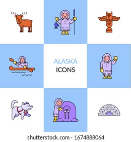 Arctic animals and Eskimos. Vector linear icons.