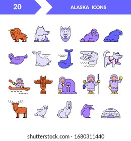 Arctic animals and Eskimos. Vector linear icons.