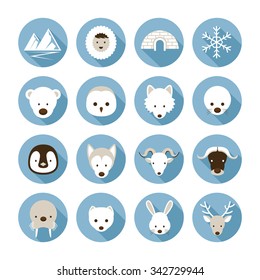 Arctic Animals Flat Icons Set, Winter, Nature Travel and Wildlife