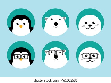 Arctic Animals Flat Icons Set. A cute Penguin, Polar bear and Baby seal with funny nerd glasses. Animals Geek Hipster Characters.