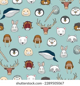  
Arctic animals funny faces vector seamless pattern.