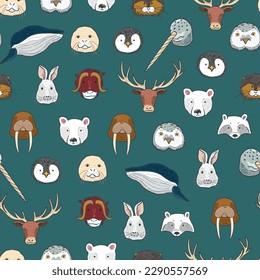  
Arctic animals funny faces vector seamless pattern.