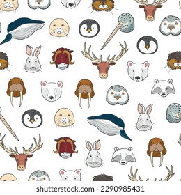  
Arctic animals funny faces vector seamless pattern.