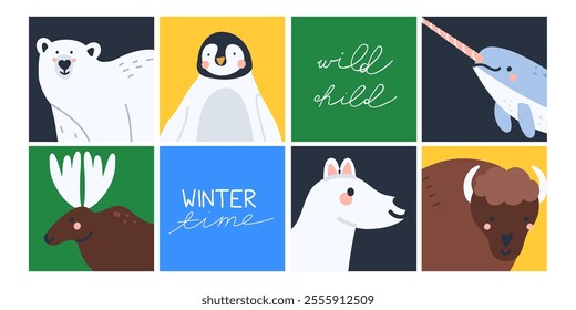 Arctic animals icon. Polar birds and mammals cards or posters. Northern cute inhabitants. White bear, elk, killer whale, bison. Cute cartoon flat isolated north wildlife fauna illustrations print set