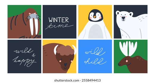 Arctic animals icon. Polar birds and mammals cards or posters. Northern cute inhabitants. White bear, elk, killer whale, bison. Cute cartoon flat isolated north wildlife fauna illustrations print set