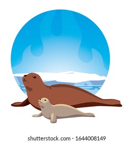 arctic animals in landscape with blue sky and iceberg vector illustration design