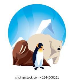 arctic animals in landscape with blue sky and iceberg vector illustration design