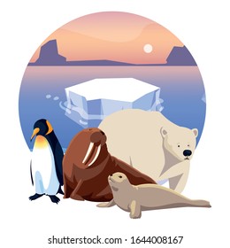 arctic animals in landscape with blue sky and iceberg vector illustration design