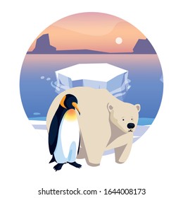 arctic animals in landscape with blue sky and iceberg vector illustration design