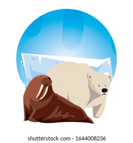 arctic animals in landscape with blue sky and iceberg vector illustration design