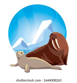 arctic animals in landscape with blue sky and iceberg vector illustration design