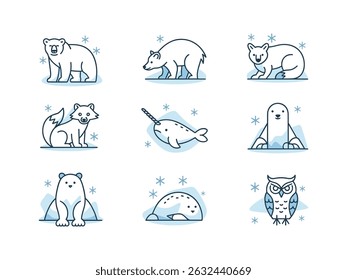 Arctic animals line art icons set cute wildlife
