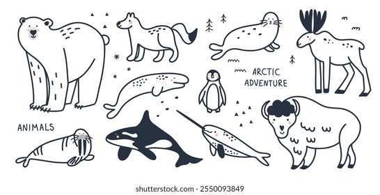 Arktische Tierschnur. Doodle Polar Vögel und Säugetiere. Süße Bewohner des Nordens. Weißer Bär, Elch, Killerwal, Bison. Netter Polarfuchs, Hase, Pinguin. Cartoon Wohnung isoliert Nord Tierwelt Fauna Set