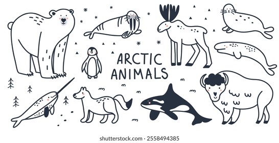 Arctic animals line. Doodle Polar birds and mammals. Northern cute inhabitants. White bear, elk, killer whale, bison. Cute arctic fox, hare, penguin cartoon flat isolated north wildlife fauna set