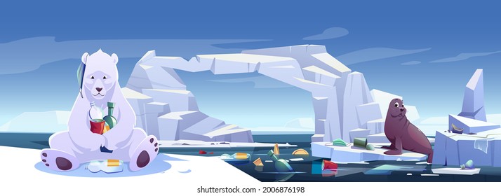 Arctic animals living in trash, wild polar bear and seal sitting on ice floes in polluted sea with garbage. Antarctica or North Pole inhabitants suffer of nature pollution Cartoon vector illustration