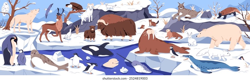 Arctic animals, North Pole landscape. Ice nature fauna, polar bear, muskox, penguin, walrus and seal. Antarctic biodiversity. Cold climate ecosystem with glaciers, wildlife. Flat vector illustration