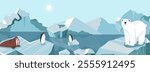 Arctic animals on ice. Northern oceanic background. cute wildlife. Polar bear, penguin and walrus. Iceberg swimming in water. Cartoon cute flat isolated landscape illustration. Vector concept