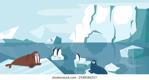 Animales árticos en el hielo. Fondo oceánico del norte. fauna linda. Oso polar, pingüino y morsa. Iceberg nadando en el agua. Ilustración de paisaje aislado plano lindo de la historieta. Concepto de Vector