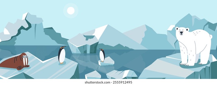 Arctic animals on ice. Northern oceanic background. cute wildlife. Polar bear, penguin and walrus. Iceberg swimming in water. Cartoon cute flat isolated landscape illustration. Vector concept