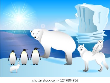 Arctic animals on the shore ocean.  Polar bear, hare, owl,wolf, penguin icebergs in the background. Vector Illustration 