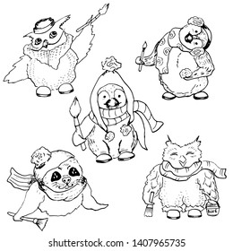 Arctic animals, owl and penguin, hand drawn illustration. Vector arctic set, north animals outline. Funny animals, cartoon characters coloring book page.