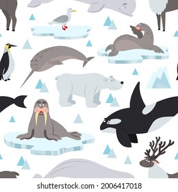 Arctic animals pattern. Children animal antarctic print, north polar wildlife background. Nordic ocean whale, seal on ice decent vector seamless texture