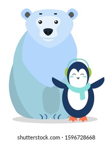 Arctic animals penguin and bear characters standing together on white. Postcard with seal mammal wearing headset and scarf. Holiday card with portrait view of funny wild beast in blue color vector