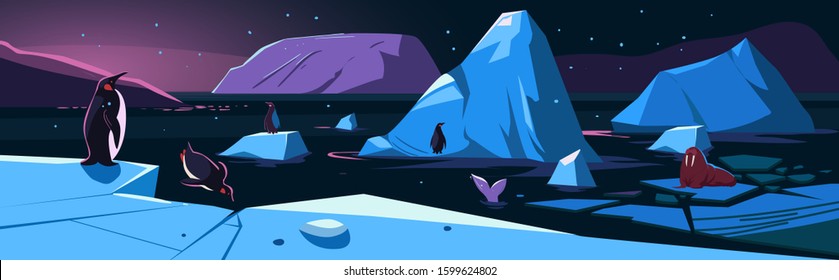 Arctic animals, penguins, walrus. Icebergs. Northen landscape. Winter background. Vector illustration