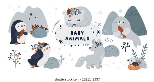 Arctic animals and plants collection. Set with cute baby animals: seal, penguin, bird in the nest, wolf, arctic fox. Childish vector illustration in scandinavian style isolated on white background