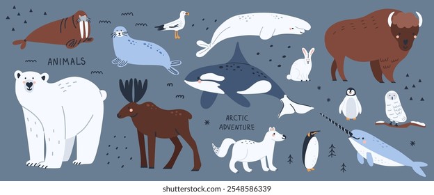 Animales árticos. Aves y mamíferos polares. Lindos habitantes del norte. Oso blanco, alce, ballena asesina, bisonte. Lindo zorro ártico, liebre, pingüino. Conjunto de ilustraciones de fauna silvestre del norte aislado plano de dibujos animados