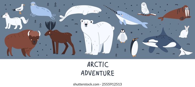 Arctic animals. Polar birds and mammals. Northern cute inhabitants. White bear, elk, killer whale, bison. Cute arctic fox, hare, penguin. Cartoon flat isolated north wildlife fauna illustrations set