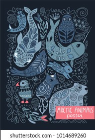 Arctic animals poster - puffin, bear, hare, fox, whale, narwhal, seal. Beautiful hand drawn ornamental wild creatures with floral illustrations.