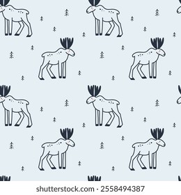 Arctic animals seamless pattern. Doodle elk. Northern cute inhabitants. Textile, wrapping paper, wallpaper design. Print for fabric Cartoon flat isolated north fauna background