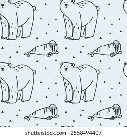 Arctic animals seamless pattern. Doodle Polar birds and mammals. Northern cute inhabitants. Textile, wrapping paper, wallpaper design. Print for fabric Cartoon flat isolated north fauna background