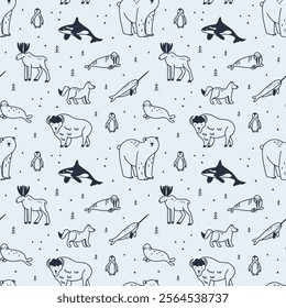 Arctic animals seamless pattern. Doodle Polar birds and mammals. Northern cute inhabitants. Textile, wrapping paper, wallpaper design. Print for fabric Cartoon flat isolated north fauna background