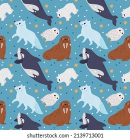 Arctic animals seamless pattern. North creatures. Print design with Nordic mammals and birds. Winter nature. Walrus and owl. Polar bear or fox. Northern killer whale